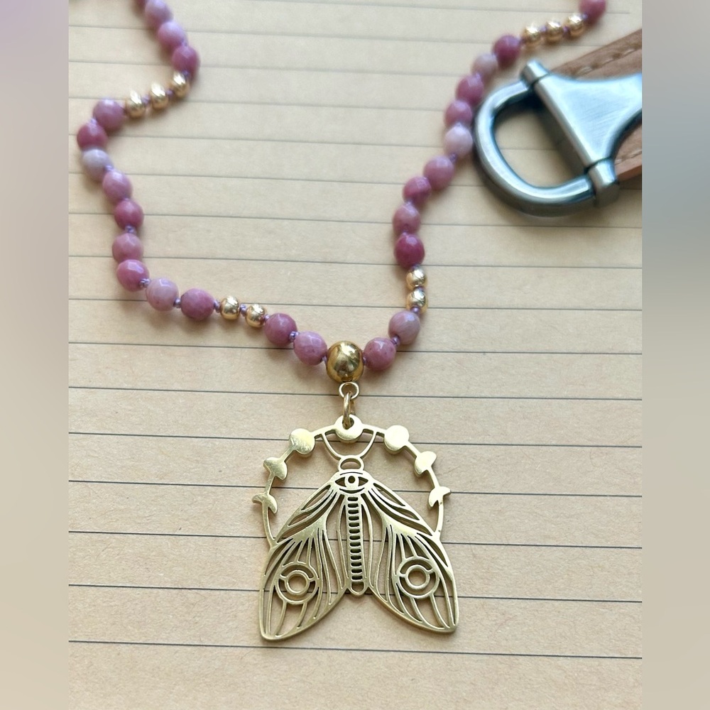 Handmade Rhodonite and Moth Knotted Necklace